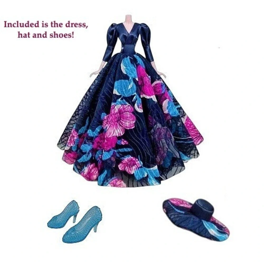 Colorful Blue Floral Ball Gown Dress 3pcs Outfit Set For 11.5 in Fashion Doll